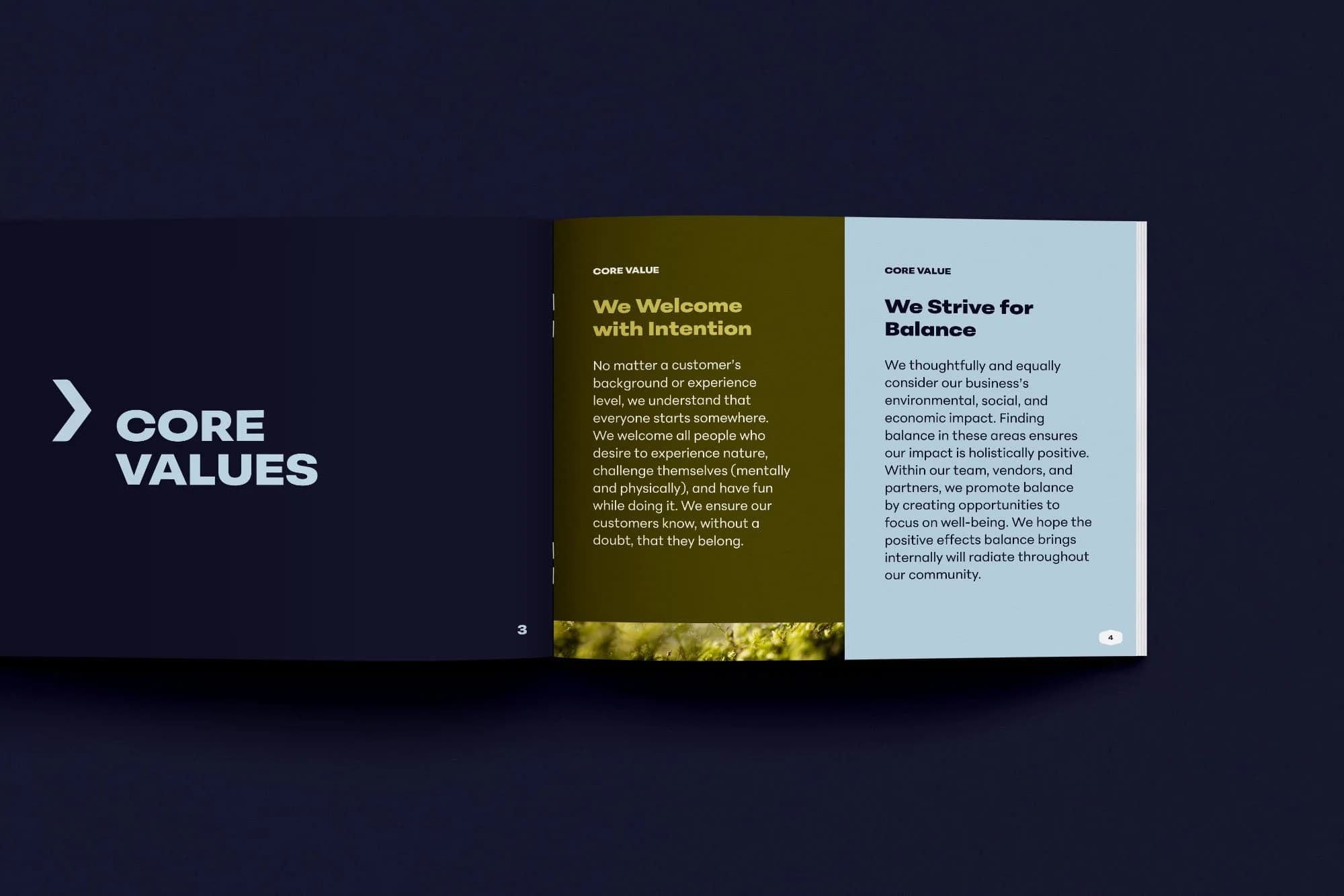 Forward Outdoor brand guide — core values spread